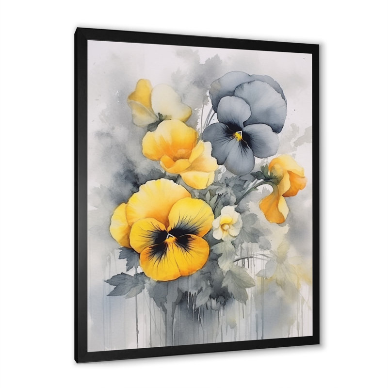 Yellow And Grey Minimalism Pansies, Black Single Picture Frame, 44" H x 34" W x 1.5" D