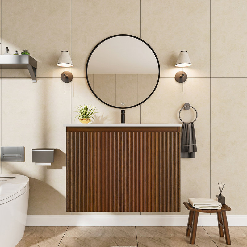 Armoire murale pliante avec évier en céramique, conception peu encombrante, style moderne, Noyer
