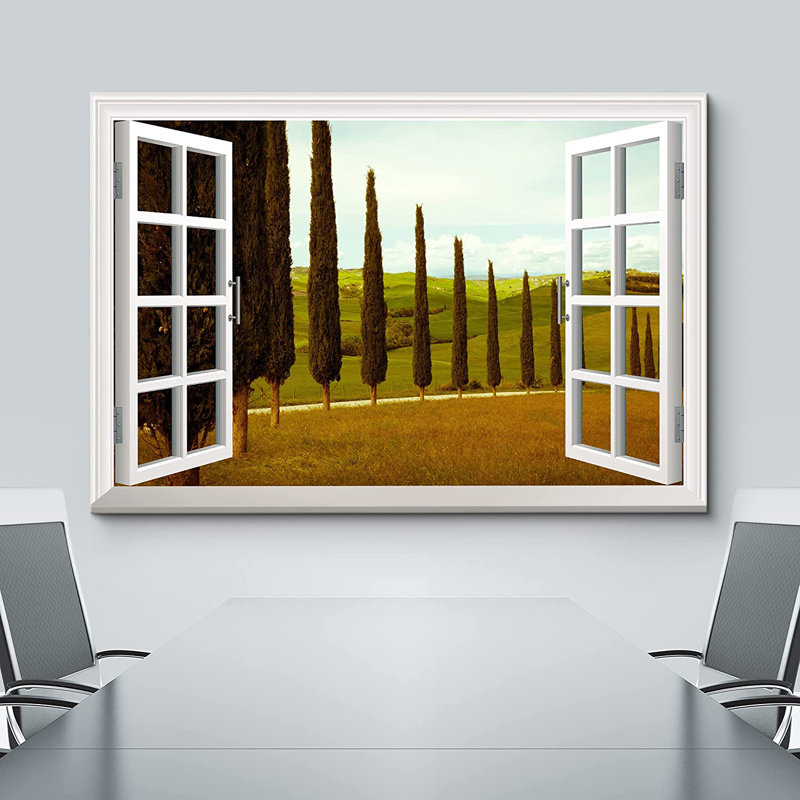 Fenêtre, paysage toscan, campagne avec cyprès et prairie, impression sur toile tendue