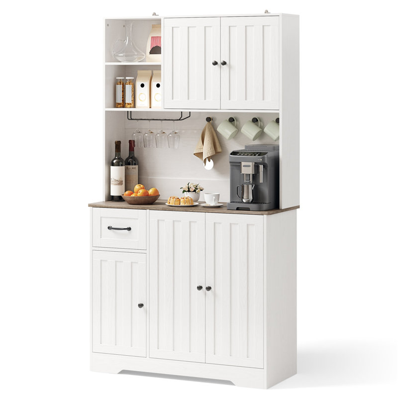 Armoire de rangement pour garde-manger autoportante 71 po H avec porte-bouteilles, 5 portes et tablettes réglables