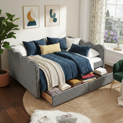 Full Size Cozy Gingham Daybed with Two Storage Drawers, USB Port, and Adorable Wave Shaped Linen Fabric
