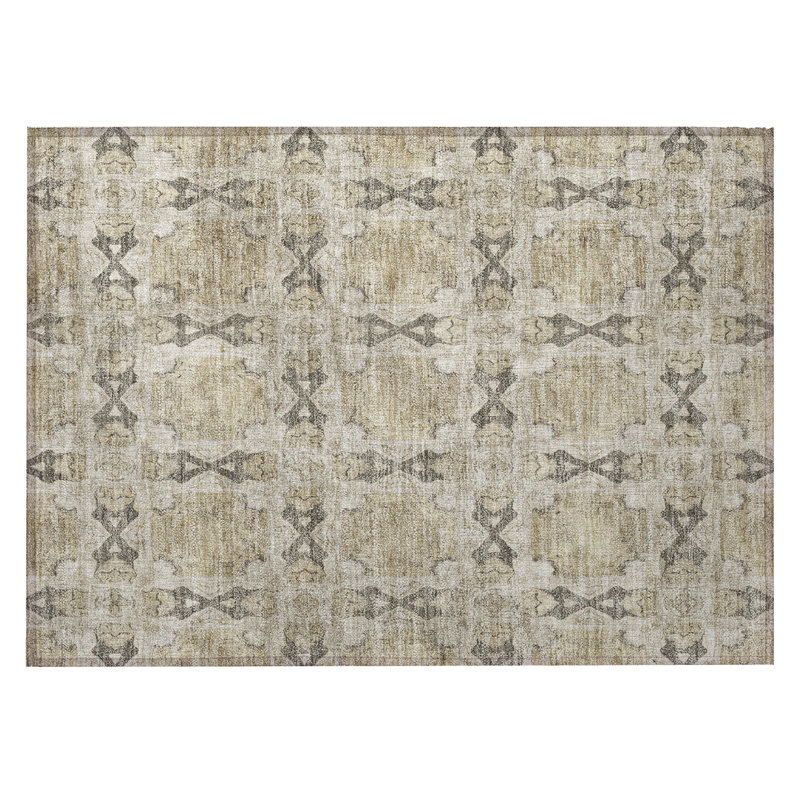 2' X 3' Beige and Gray Floral Medallion Washable Non Skid Indoor Outdoor Area Rug