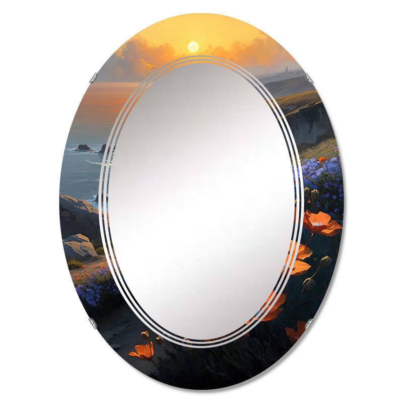 Pollye fleurs orange par la côte II - miroir mural plage, 30 po x 20 po