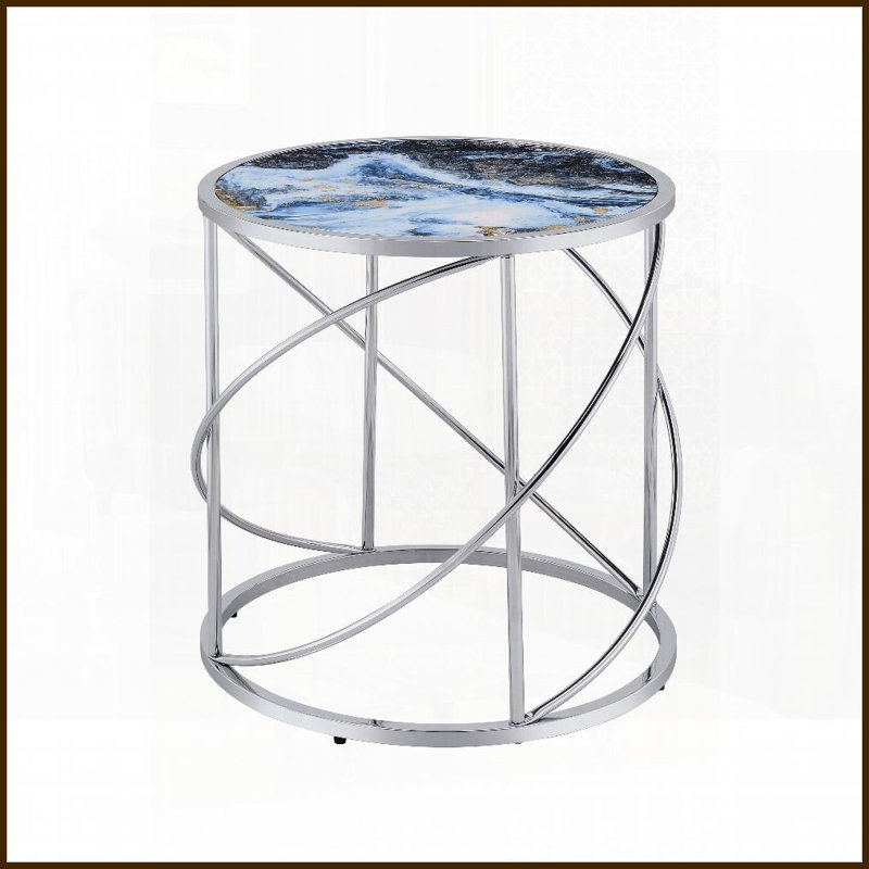 Table basse en marbre bleu avec base en métal chromé complexe, plateau de 20 mm d'épaisseur facile à nettoyer pour le salon