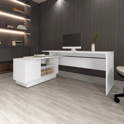 Bureau blanc en L avec 1 porte et 5 tablettes