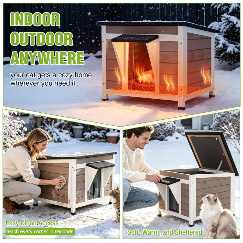 Maison de chat chauffée pour l'extérieur avec doublure isolée, abri de chat en bois pour l'extérieur, maison de chat résistante aux intempéries pour l'hiver intérieur