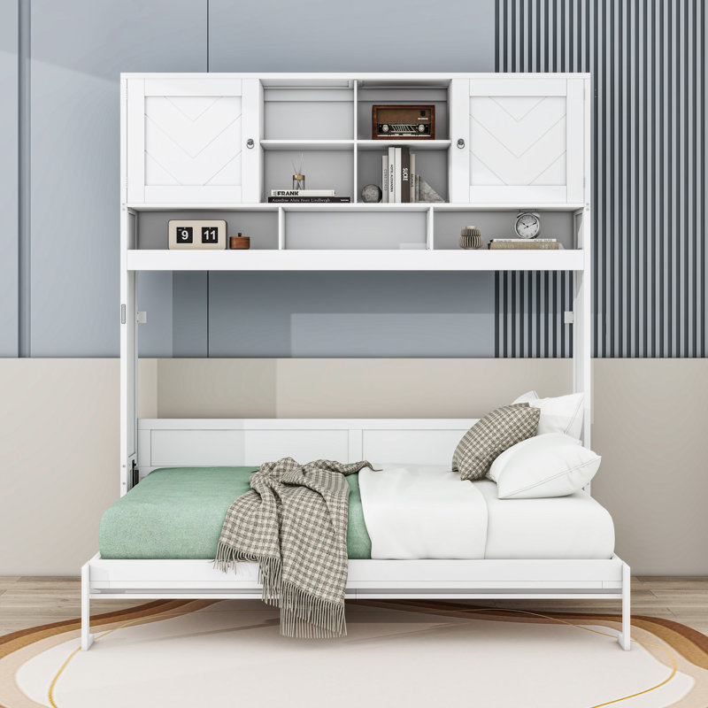 Grand lit escamotable avec de nombreuses tablettes de rangement