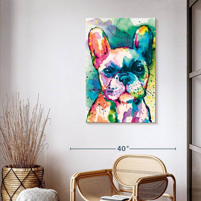 Bouledogue français, peinture sur toile, H 39 po x l 26 po x P 1,25 po