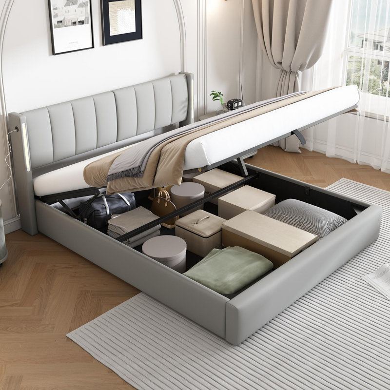 Upholstered Storage Bed With Adjustable Headboard, USB And LED PU, Grey, European Kingsize (160 x 200 cm)