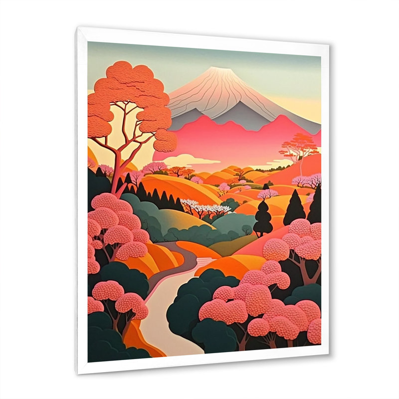 «Elegant Pink Japanese Mountain Landscape I», reproduction sur toile, H 32 po x l 16 po x P 1 po, Cadre simple blanc