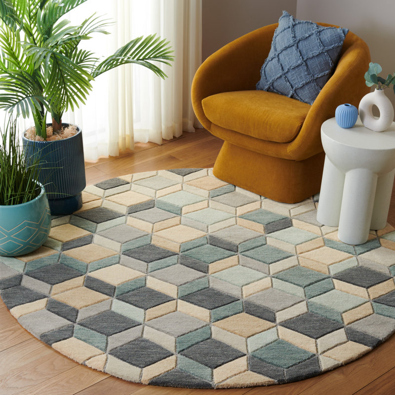 Rodeo Drive Hand Tufted Wool/Cotton Geometric Rug in Beige/Grey, Round 6'