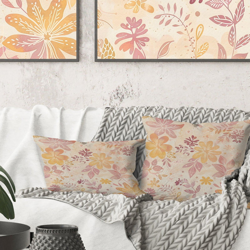 Jaune, jaune, orange, boho, pastel, fleurs du paradis IV - coussin bohème, H 16 po x l 16 po, Carrée