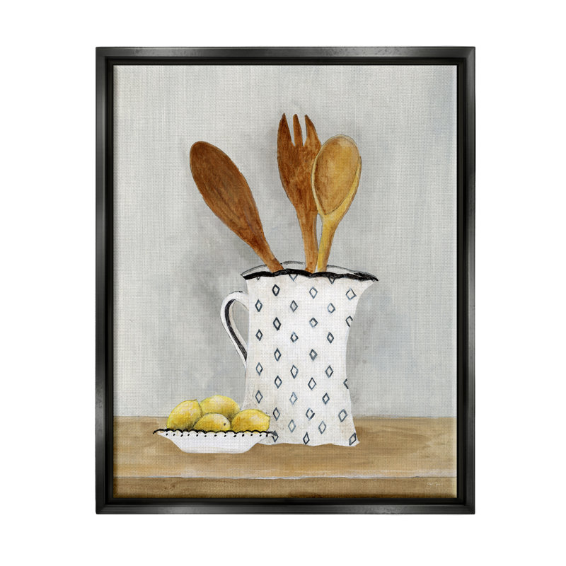 «Lemons & Utensils Kitchen» par Janet Tava - peinture à cadre flottant, Cadre flottant noir de jais