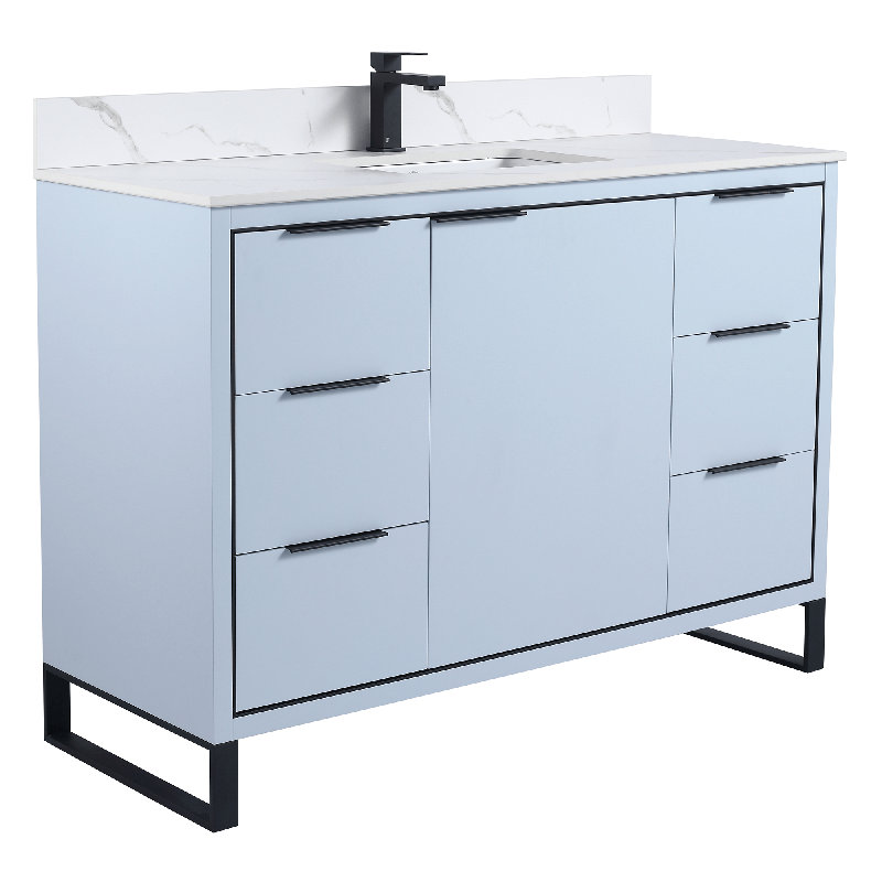 Meuble-lavabo simple autoportant 48 po avec plateau en pierre Gerwyn, Noir mat, Bleu pastel