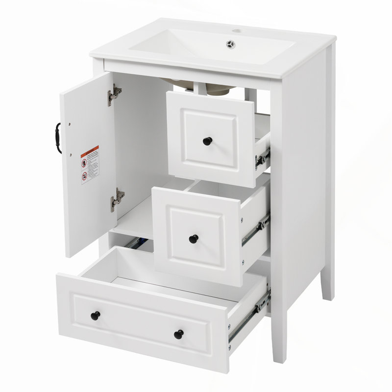 Meuble-lavabo de 24 po avec lavabo, tiroirs à fermeture en douceur et poignées en métal rétro pour une élégance intemporelle