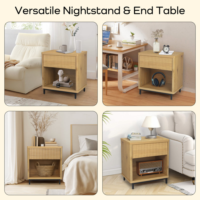 Natural Oak Fluted Nightstands with Drawer Storage and Metal Legs