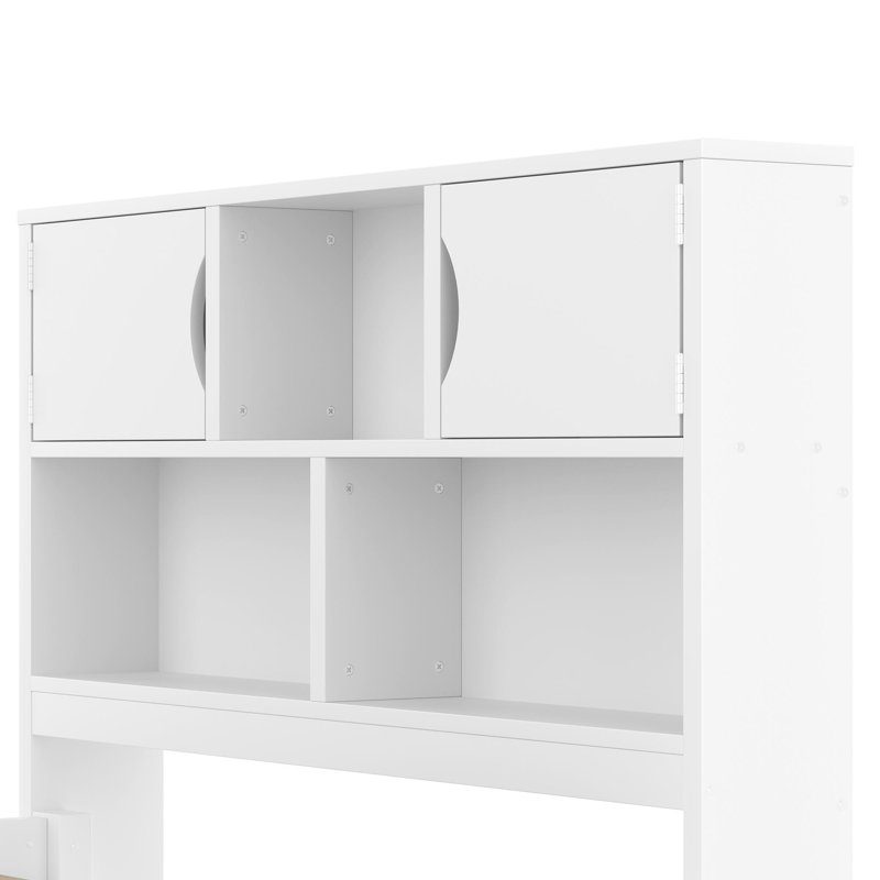 Structure de lit plateforme simple avec bibliothèques et tablettes de rangement, quatre tiroirs, gris, Blanc