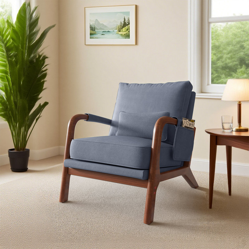 Mid Century Solid Wood Accent Chair Upholstered Armchair with Pillow and  storage Bag, Gray Linen
