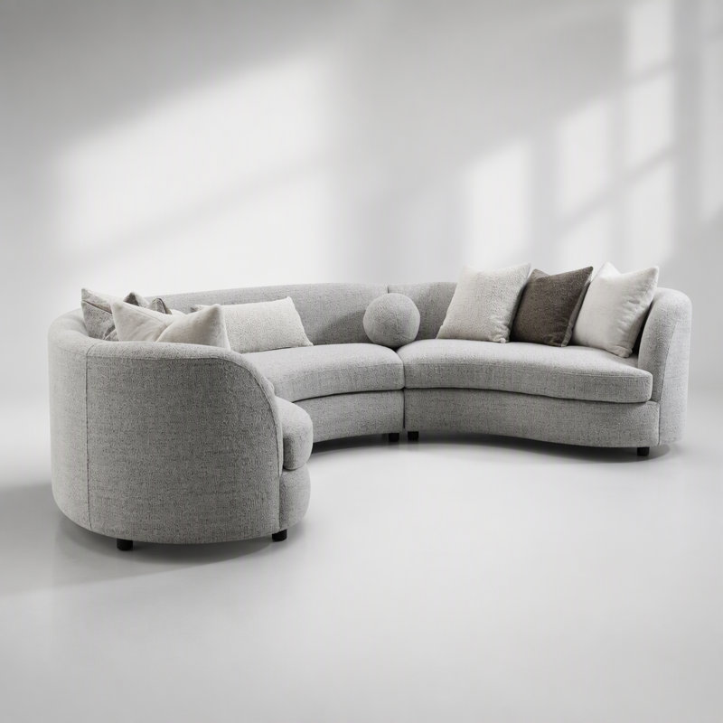 Canapé modulaire gris avec 9 coussins et motif incurvé