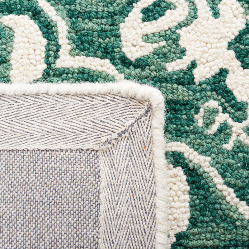 Tapis vert foncé / ivoire en laine touffeté à la main Evangely Damask, Rectangle 4 pi x 6 pi