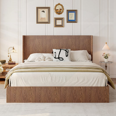 King Size Wooden Corrugated Curved Bed Frame, No Box Spring Needed, Rustic And Modern Design