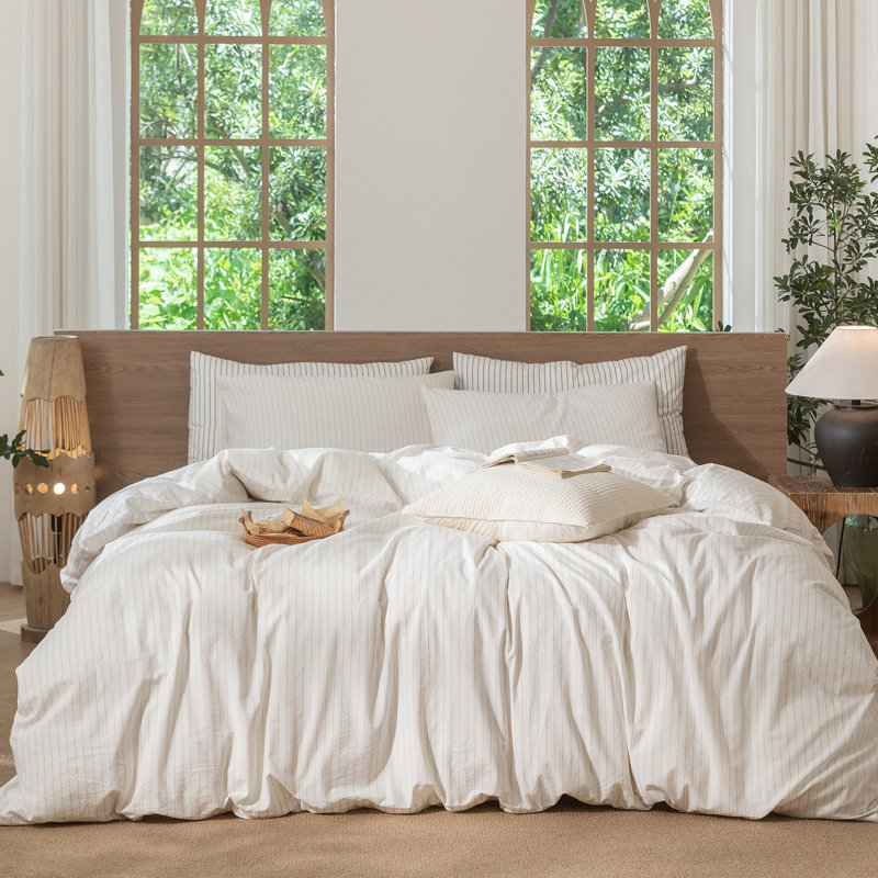 MooMee Striped Duvet Cover Set 100% Washed Cotton Linen Like Textured, Full Duvet Cover + 2 Standard Pillowcases