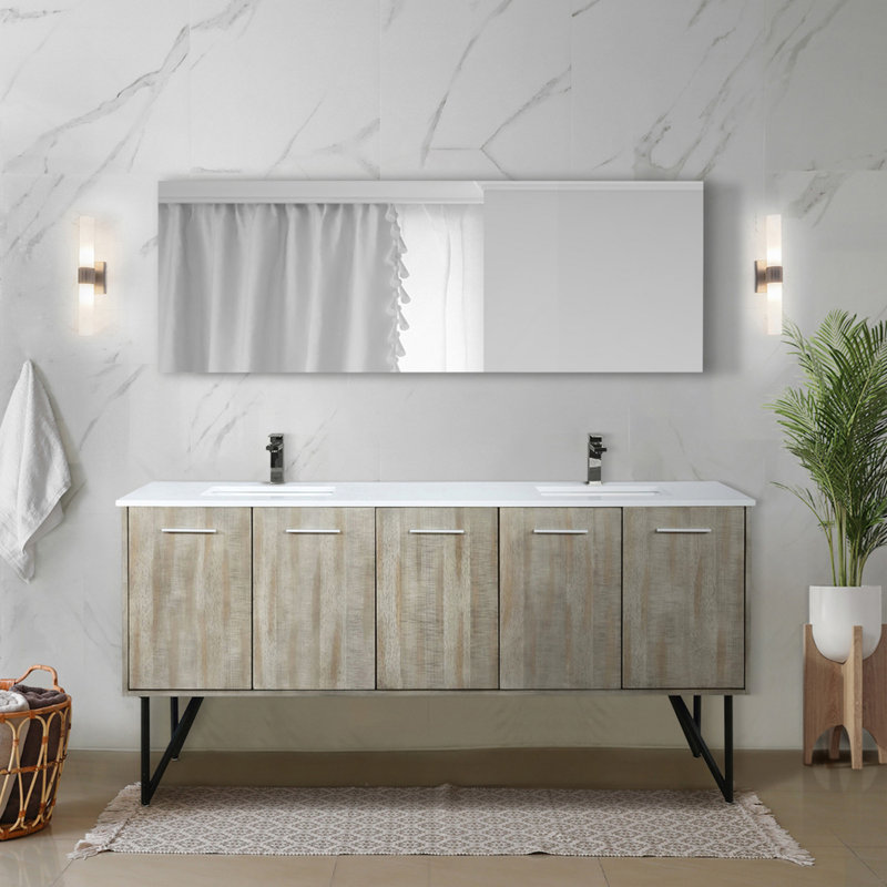 Meuble-lavabo double 72 po Rustic X P 20 po D, dessus en quartz blanc et robinet en métal