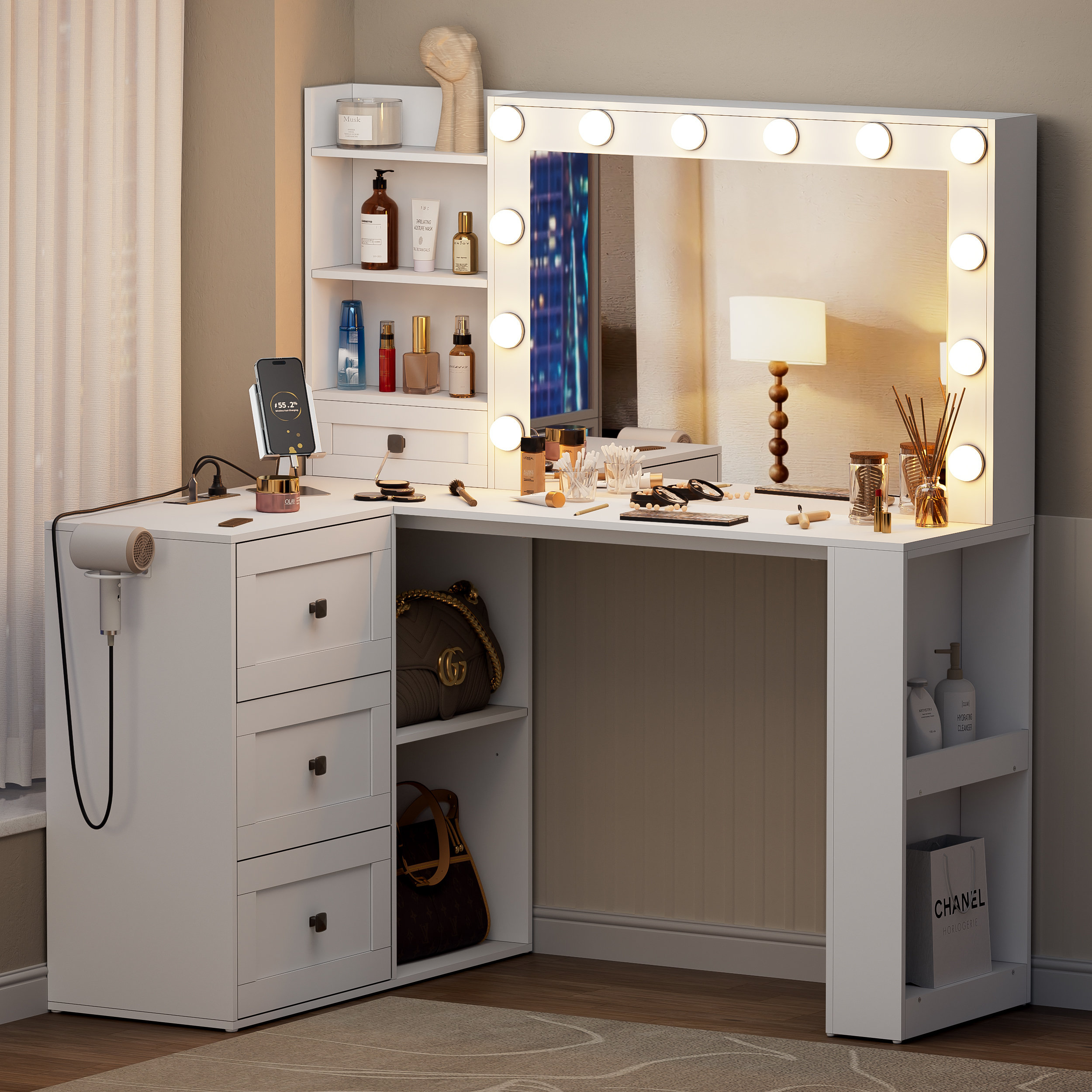 Red Barrel Studio® Berino Vanity Desk with Lighted Mirror & Power