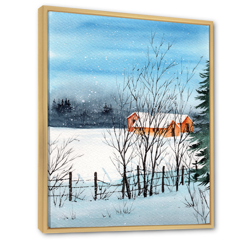 Un paysage d'hiver avec des maisons enneigées - reproduction sur toile, H 40 po x l 30 po x P 1,5 po, Cadre flottant érable
