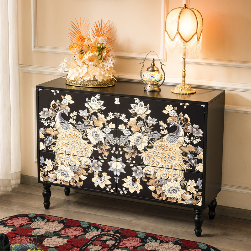 Commode vintage en bois peint paon