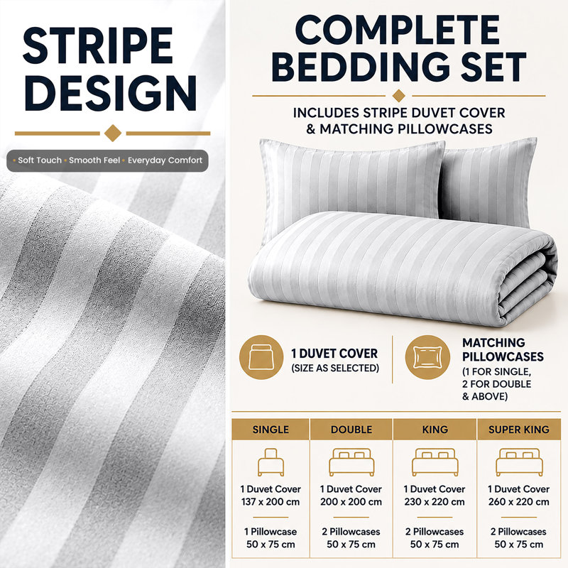 Microfiber Striped Duvet Cover Set with Pillowcases Included, Double Duvet Cover Set + 2 Standard Pillowcases, White