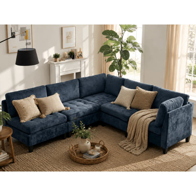 5-Piece Deep Seat Modular Chenille Sectional Sofa, Convertible Living Room Couch
