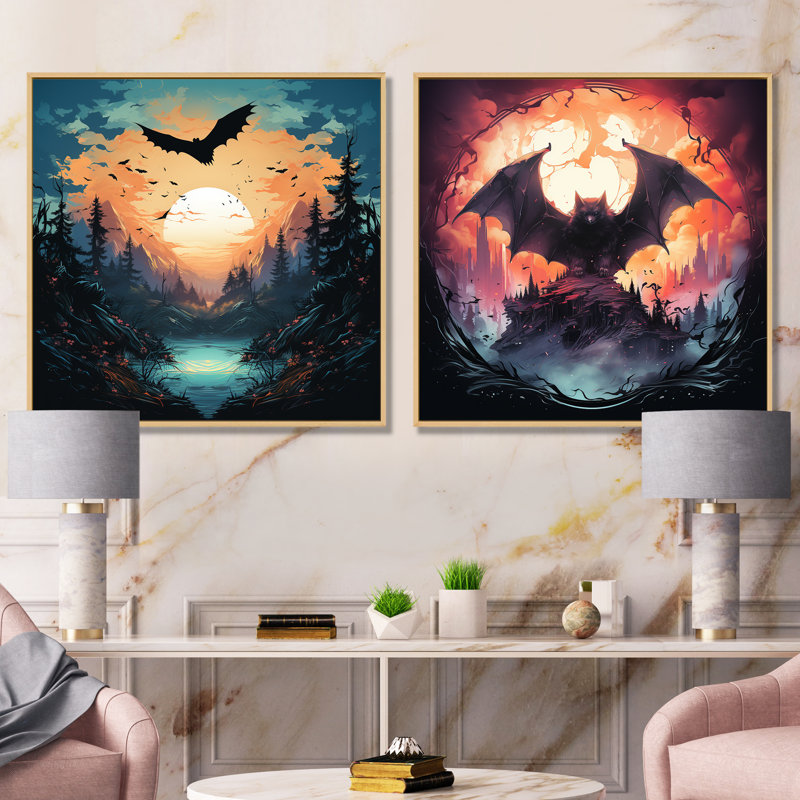 Mystic Bat Nightfall I - ensemble d'art mural sur toile Bat, Cadre flottant brun, H 16 po x l 33 po x P 1 po