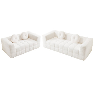 Canapé moderne sans os avec deux coussins décoratifs circulaires, tissu en polyester à poils longs texturé litchi doux pour la peau, canapé en mousse à carreaux
