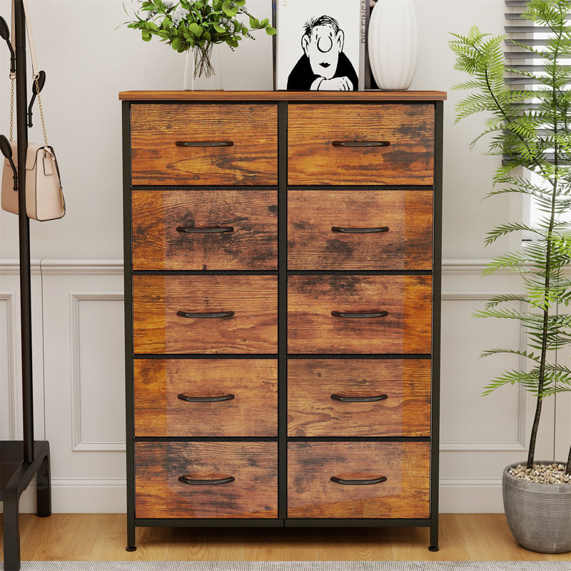Dresser With 10 Fabric Drawers, Tall Dresser For Bedroom, Large Dresser Fabric Chest For Living Room, Brown