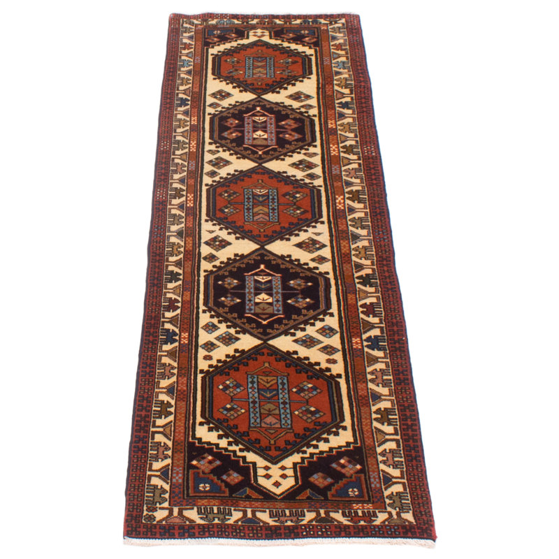 Tapis de couloir unique en laine noué à la main de style nouvel âge 2 pi 4 po x 9 pi 6 po Jesse-James crème / rouge / bleu marine foncé