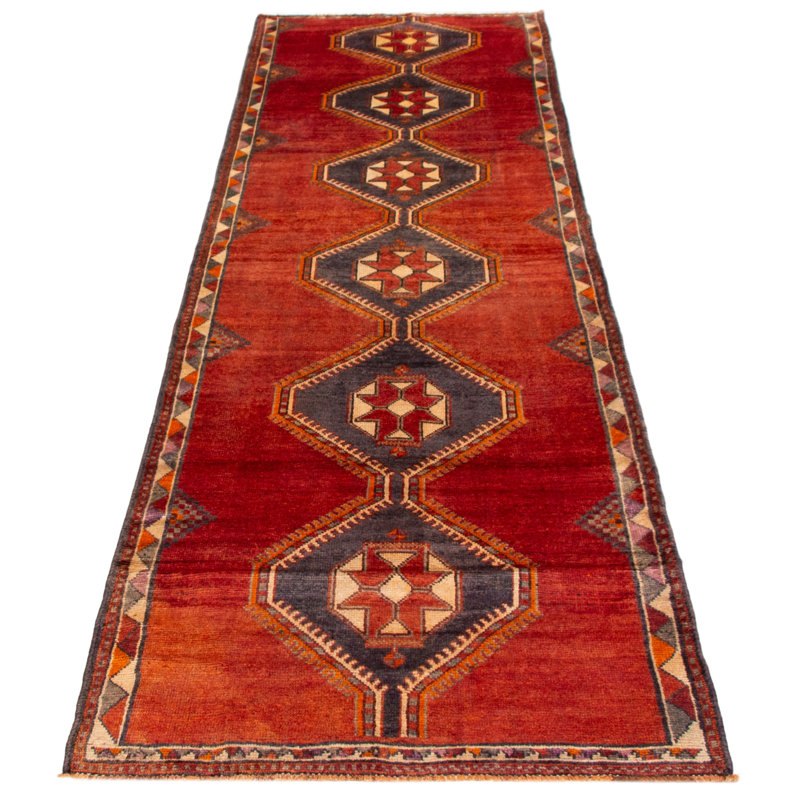 Tapis rouge noué à la main unique de conception unique 4 pi 4 po x 14 pi 4 po Melis