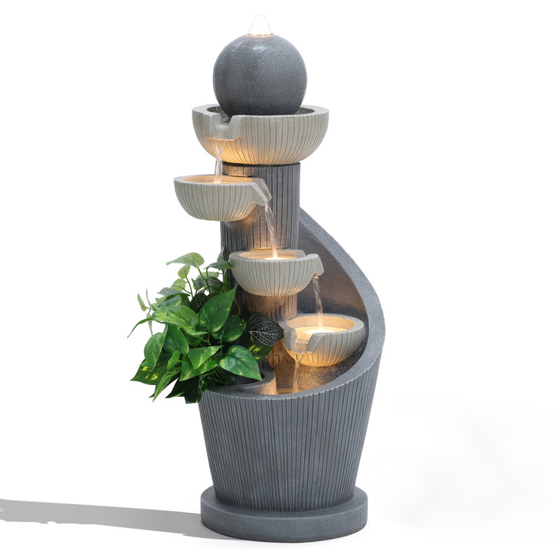 Fontaine d'extérieur moderne en résine avec lumières à DEL et abat-jour en forme de bol à débit réglable H 28,7 po Abdulazeem