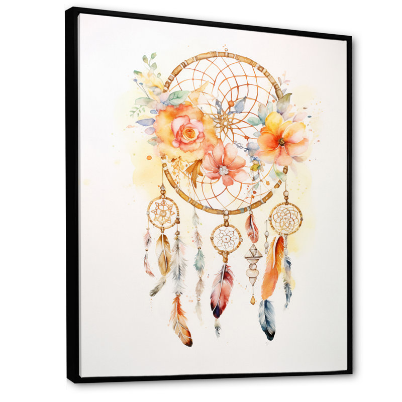 «Yellow Boho Dreamcatcher», reproduction d'art sur toile, 32" H x 24" W, Cadre flottant noir