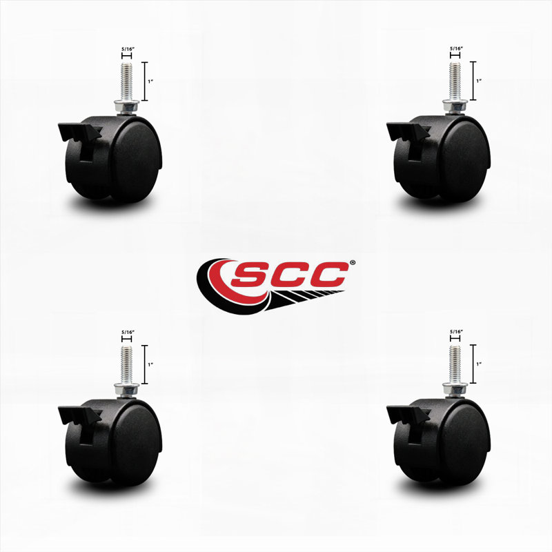 2 Inch Black Metal Hood Twin Caster with Brake Nylon Wheel 3/8 Thread Stem Set 5, Flat Black