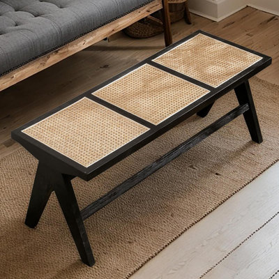 45” Natural Rattan Entryway Bench With Footrest