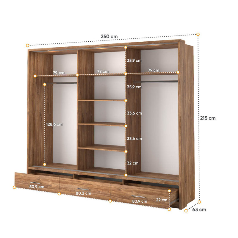 Deming 3 Door Solid + Manufactured Wood Wardrobe, Oak Sterling