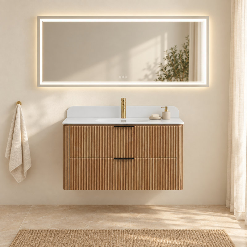 Ensemble de vanité suspendue noire de 91 cm (36 po) avec lavabo intégré et miroir de courtoisie à DEL de 91 x 183 cm (36 x 72 po).