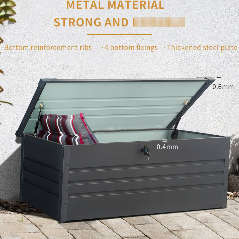 Coffre de terrasse en métal 260 gallons - imperméable et verrouillable. Très grand rangement pour patio, jardin, piscine. Gris foncé Variabilité du temps. Option de fermeture de l'utilisateur. Conception de table polyvalente. Assemblage simple