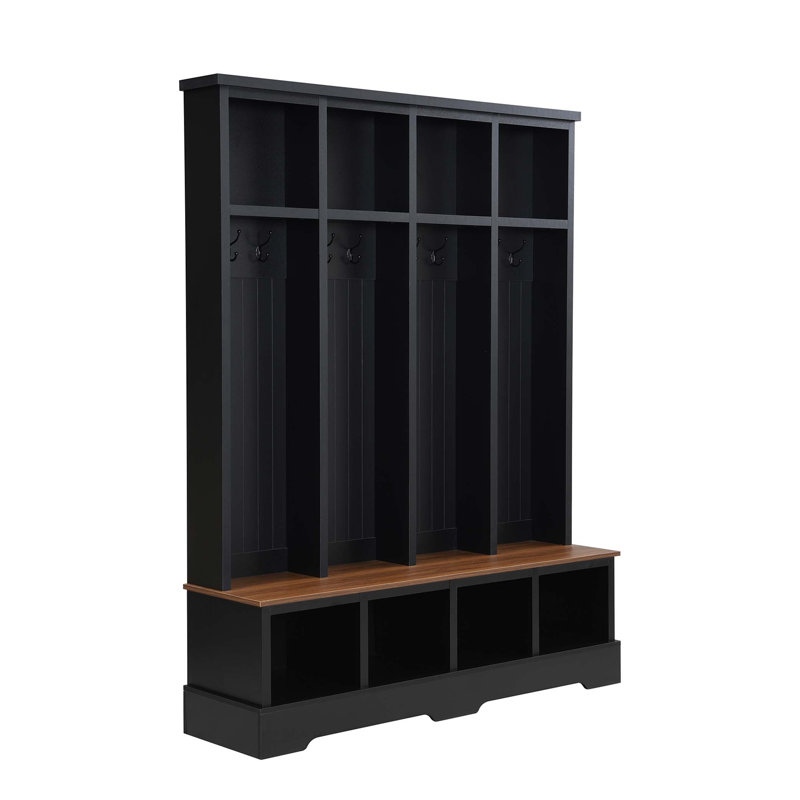 Rustic Farmhouse Hall Tree With 8 Hooks, Practical Entryway Bench And Open Compartments, 76.7H Modern 3-In-1 Wooden Style Coat And Shoe Rack