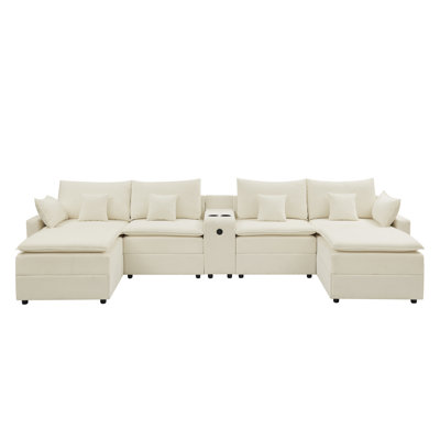 Beige 143.8 Inch 6-Seat U-Shaped Modular Sectional Sofa, Chenille Sofa with Center Console, Cup Holder, USB Charger and Movable Ottoman, Modern Comfy Couch
