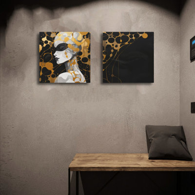 Elegant Decorative Canvas Painting Set (2 Pieces), Gold & Black, 11.8 x 11.8 Inches | 100% Canvas with 100% Wooden Frame | Perfect for Home Decor, Living Room & Office Wall Art, Stylish & Contemporary Design