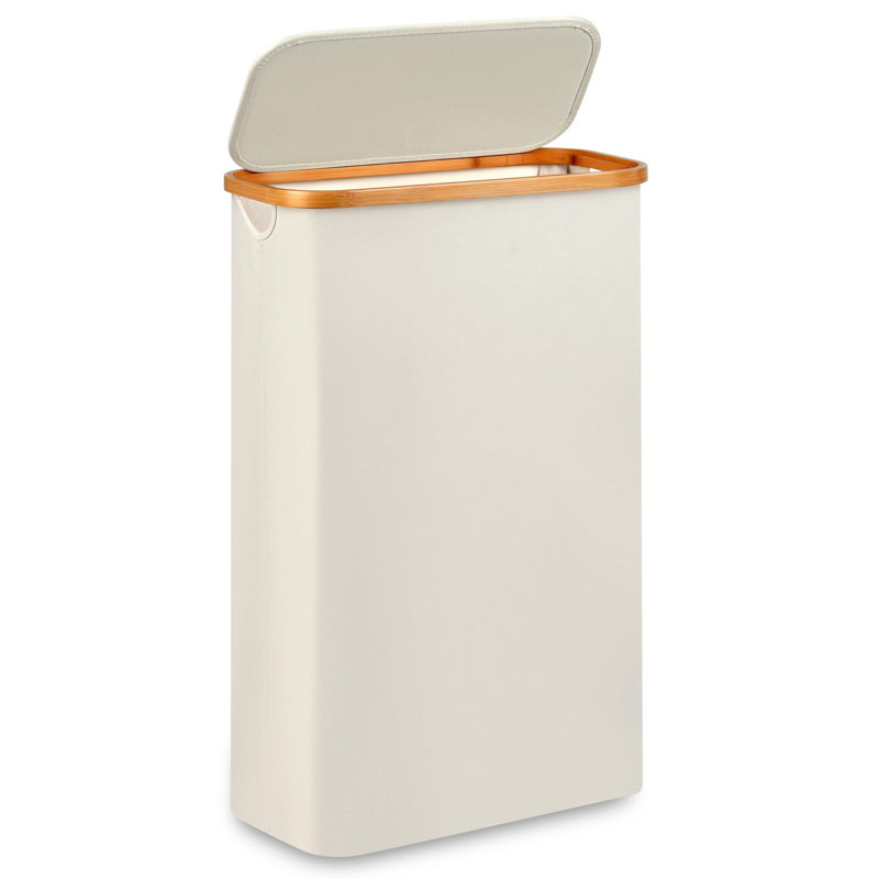 Slim Laundry Hamper,Narrow Laundry Hamper With Lid,60L Hamper For Laundry,Dirty Cloth Hamper With Bamboo Handle For Toys,Towels, Clothes Organizing,Beige
