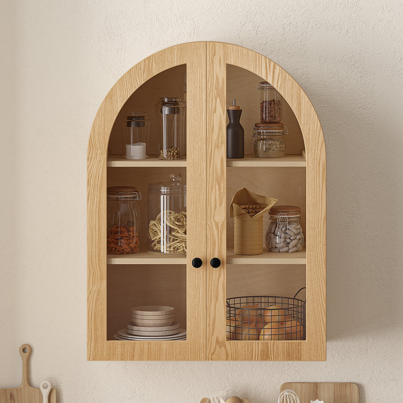 Armoire murale arquée, L 23,62 po x l 8,97 po x H 31,61 po, bois massif et panneau de fibres à densité moyenne, 1 pièce, naturel, avec portes en verre trempé et tablette réglable