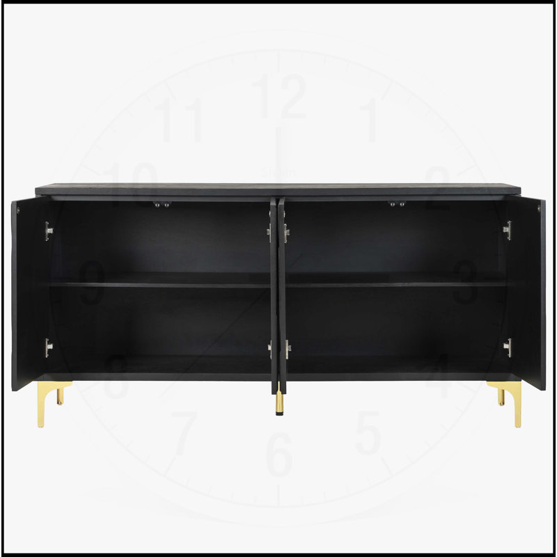 Buffet 60 po avec rangement sans poignée à ouverture par pression, crédence sculptée avec 4 portes, buffet décoratif noir moderne pour le salon et l'entrée